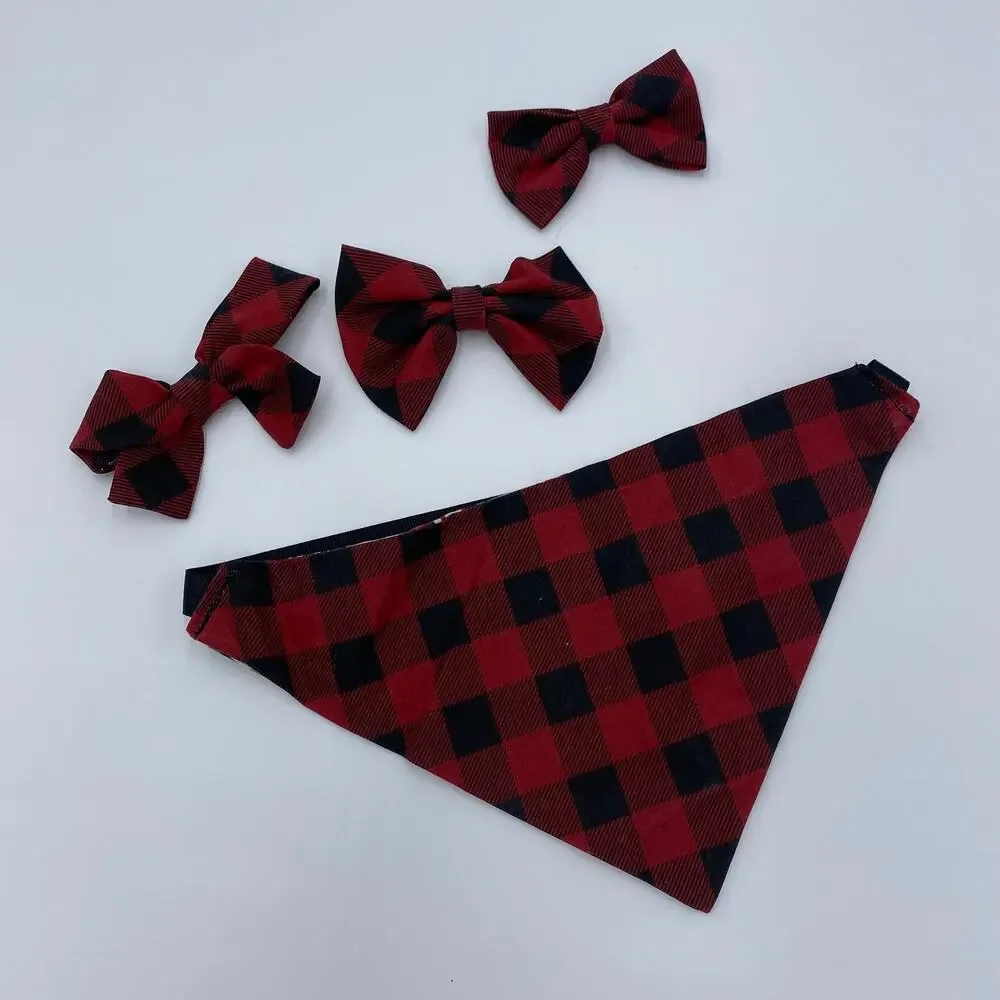 Hand Made Holiday Red Plaid Matching Bandana and Hair/Tie Clips